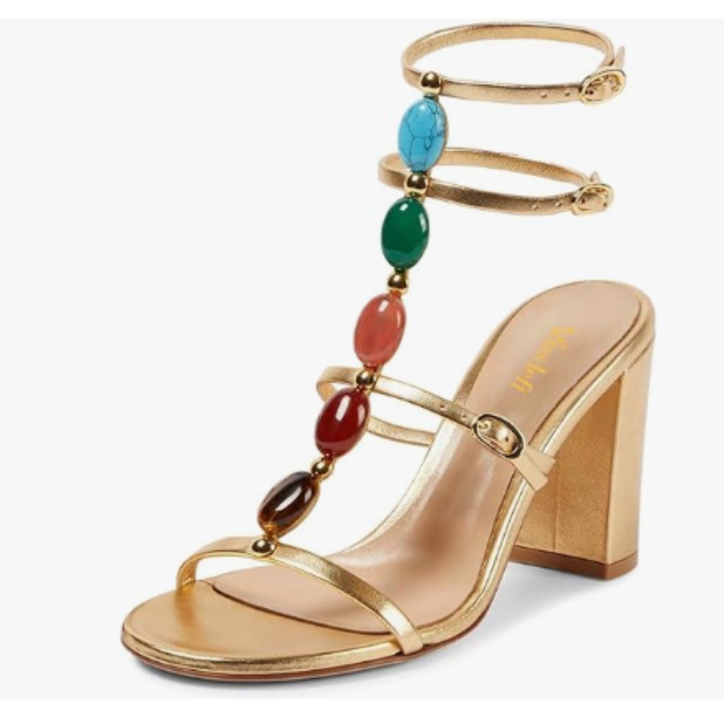Miss Left Gold Gorgeous T-Strap Buckled Jewelled Gladiator Sandals Open Toe Shoe